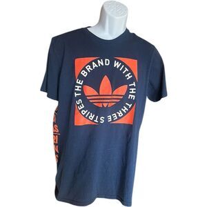 Mens Adidas Three Stripe Logo Navy Blue Cotton Graphic Tee Shirt - Sz L